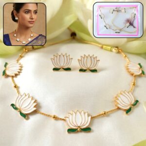 White Lotus Necklace Set – Adjustable Thread Traditional Jewellery