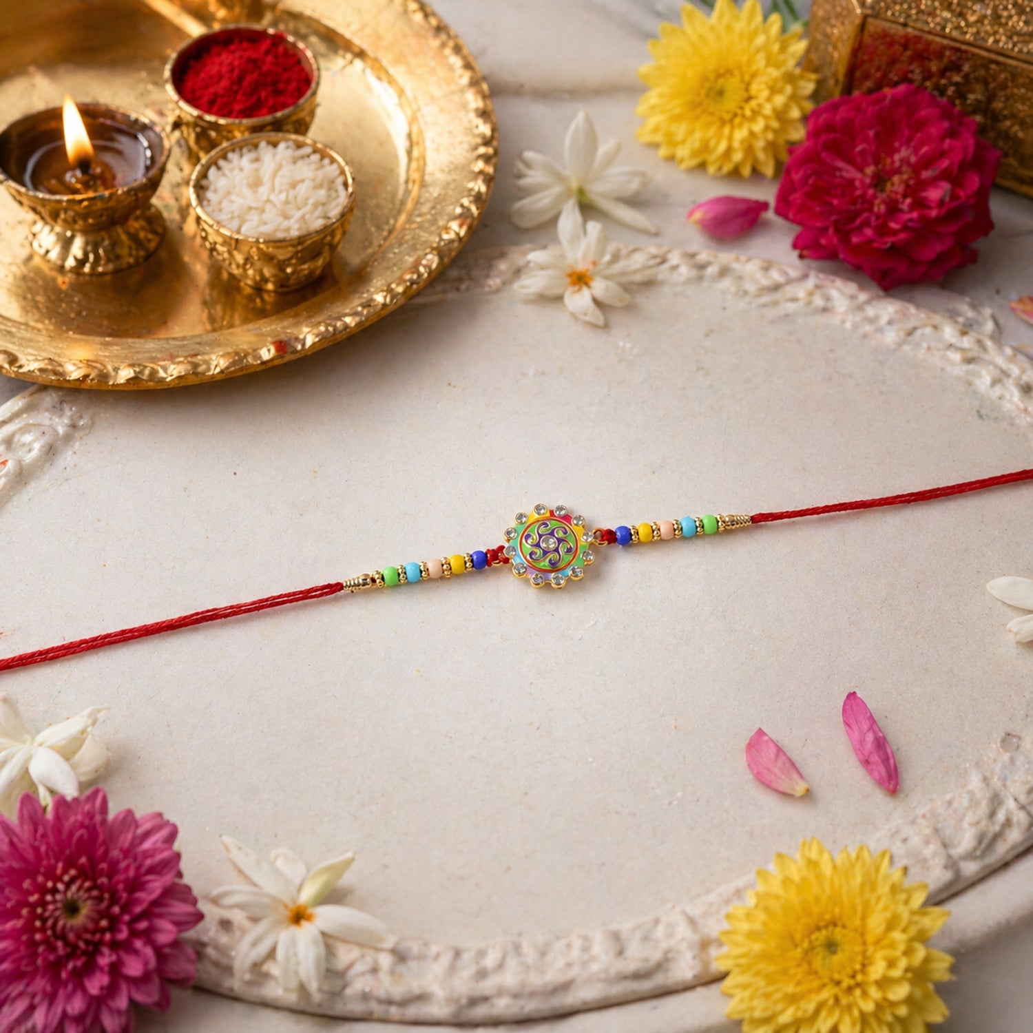 Premium Multicolor Beads Stone Centerpiece Rakhi for Brother on Rakshabandhan - Image 4