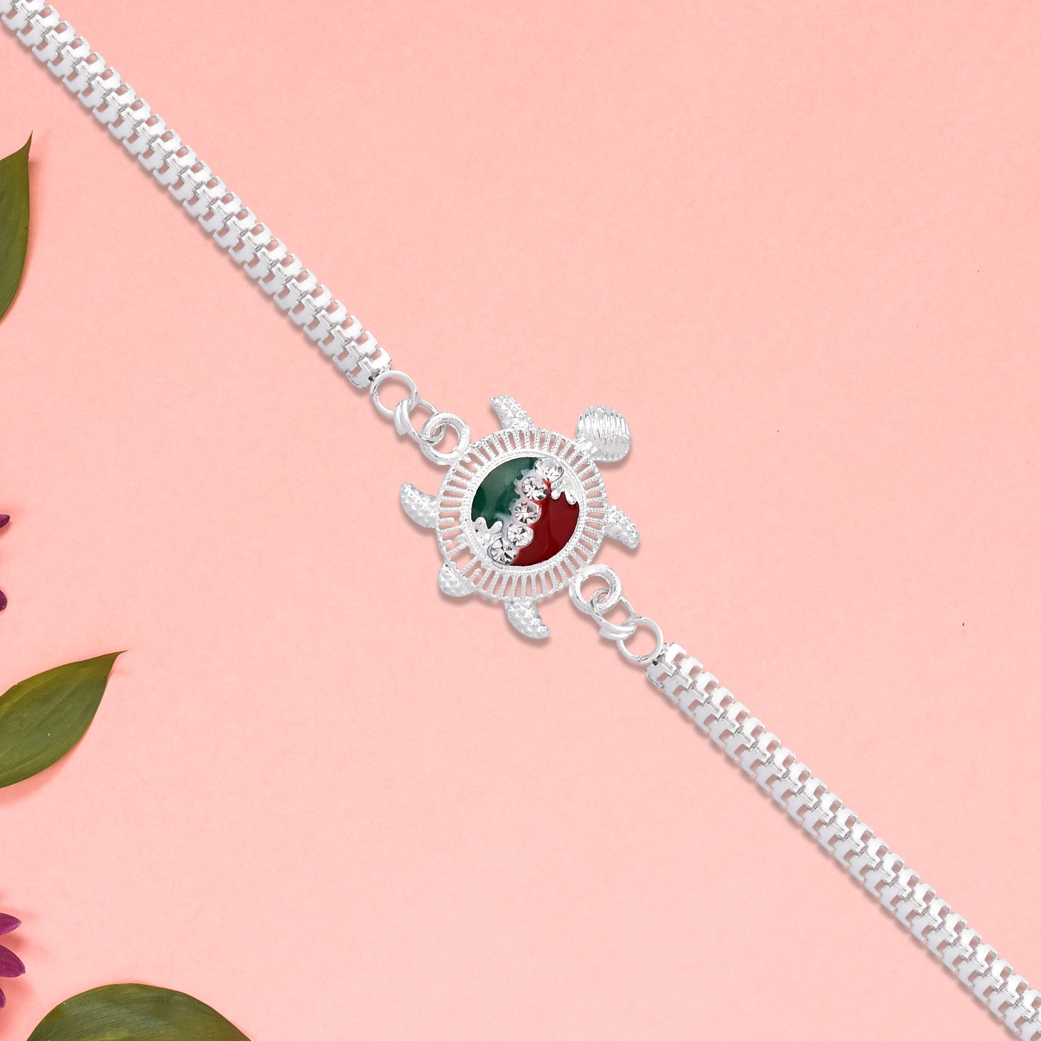 Turtle Rakhi – Red Green Enamel with Silver Metal Chain - Image 3