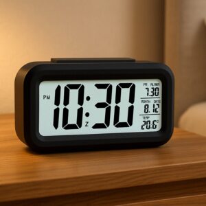 Digital LCD Alarm Clock – Backlit Display with Time & Temperature