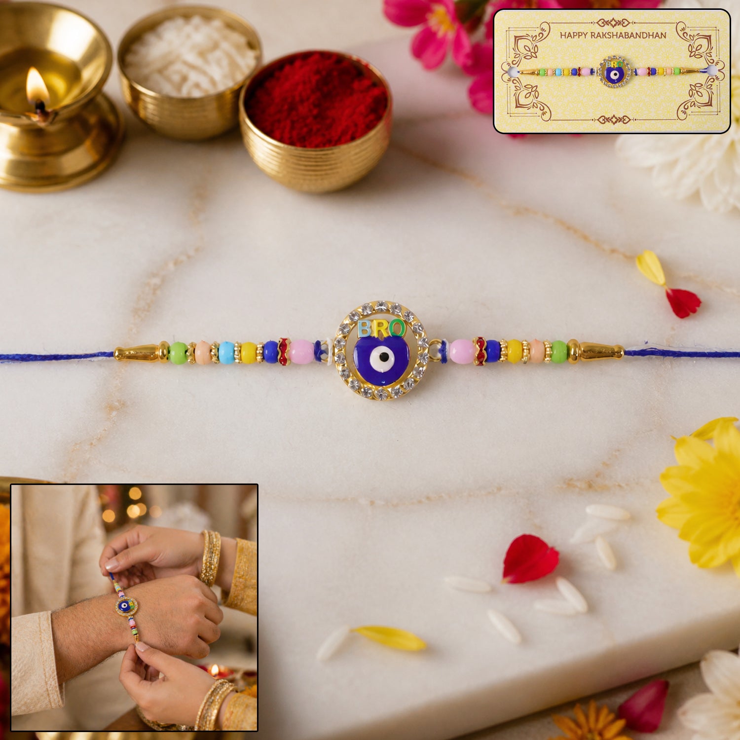 Evil Eye BRO Colorful Beads Rakhi for Brother & Sister on Rakshabandhan - Image 2
