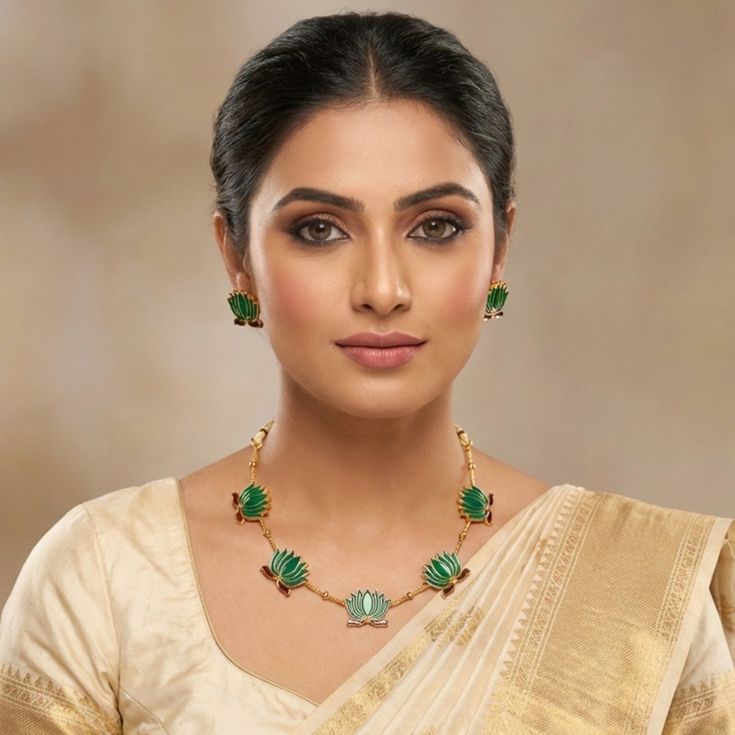 Green Lotus Necklace with Adjustable Thread & Stud Earrings Set - Image 2