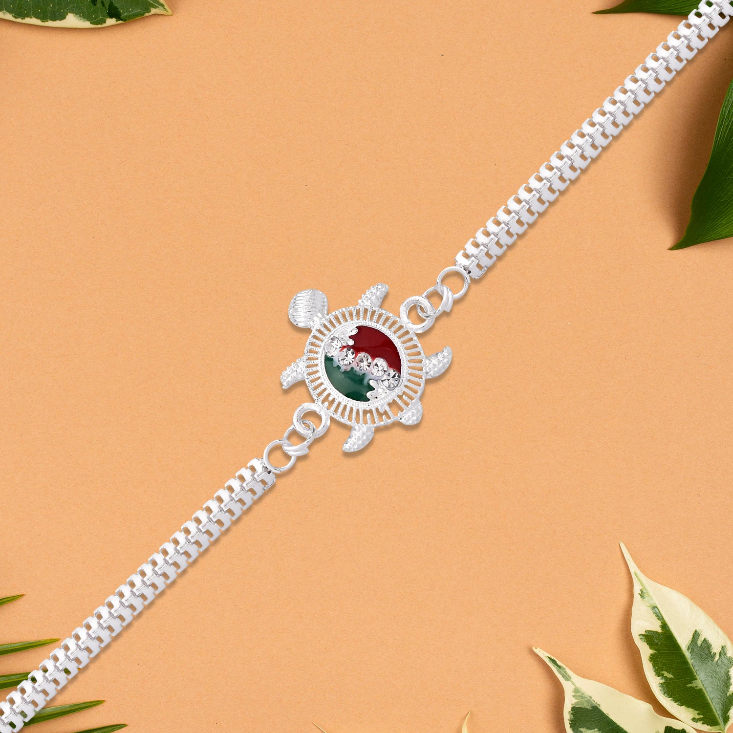 Turtle Rakhi – Red Green Enamel with Silver Metal Chain - Image 4