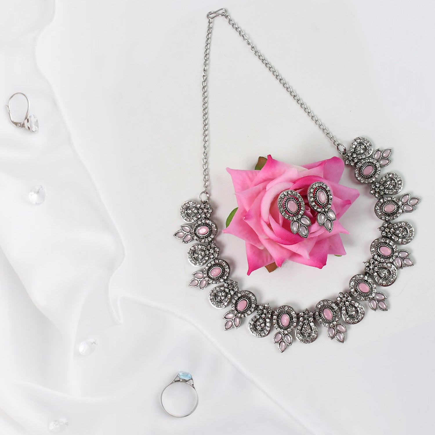 Diamond Necklace Set – Pink & White, Radiant Elegance | BW - Image 3