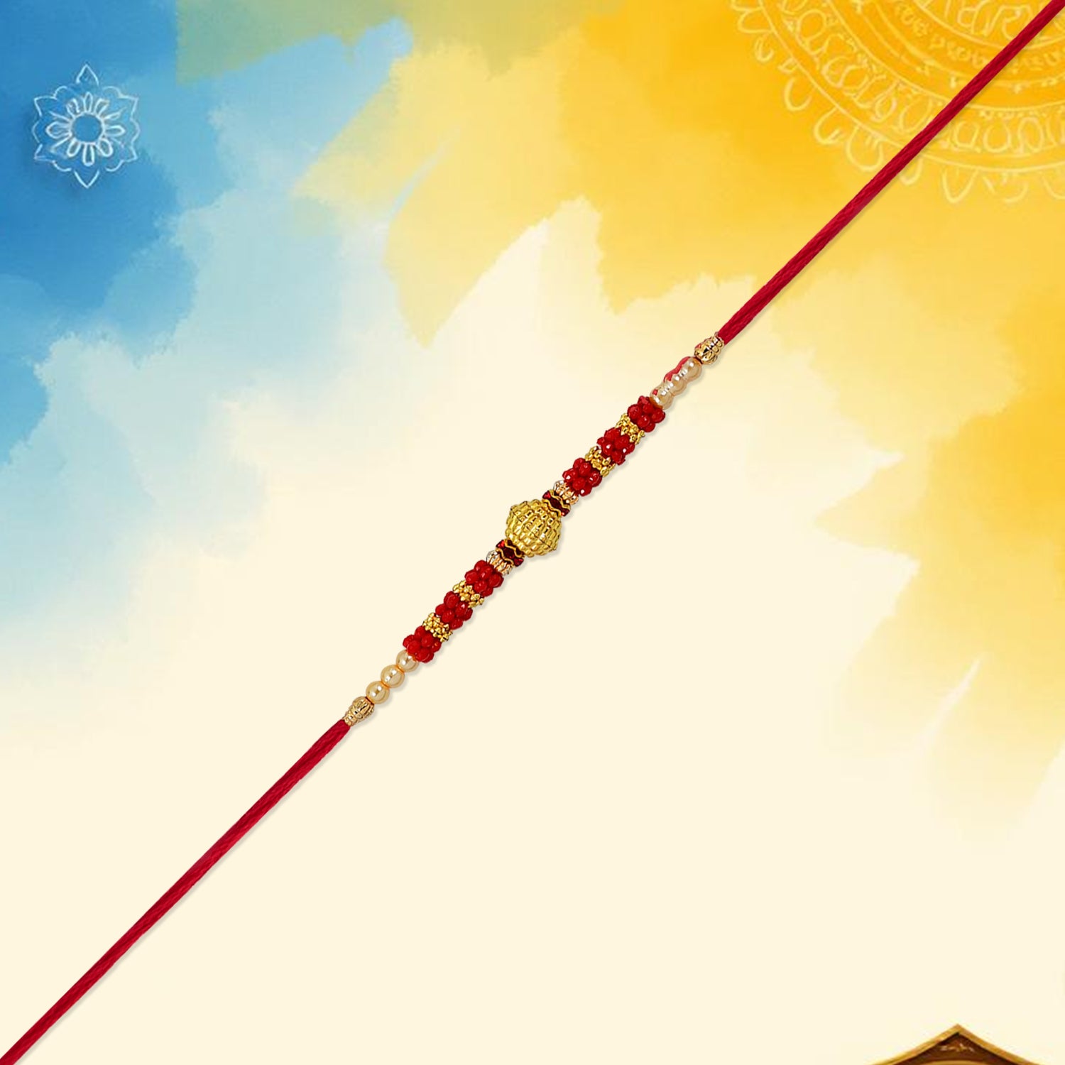 Red Bead Rakhi – Golden Centerpiece & Pearl Details - Image 4