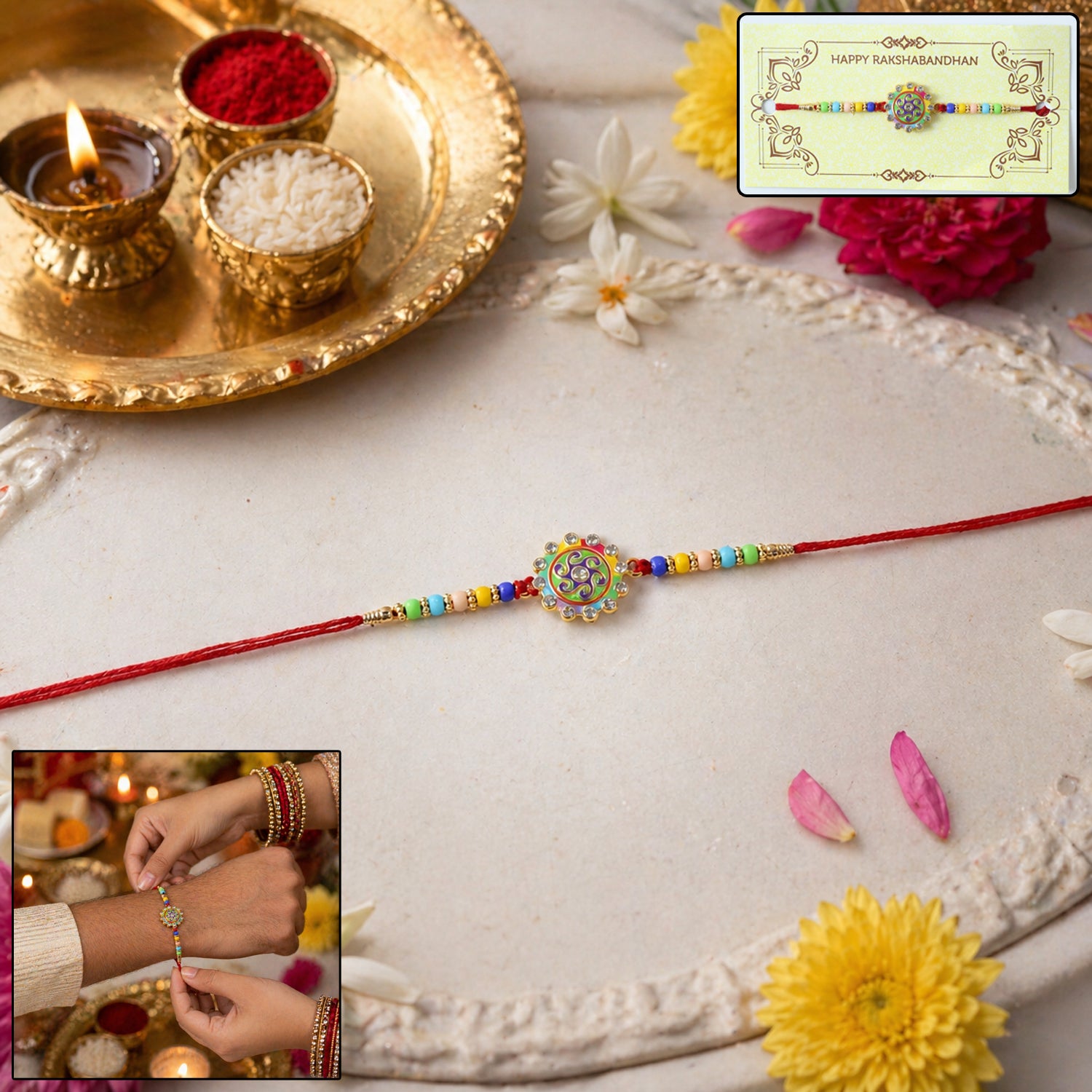 Premium Multicolor Beads Stone Centerpiece Rakhi for Brother on Rakshabandhan - Image 2