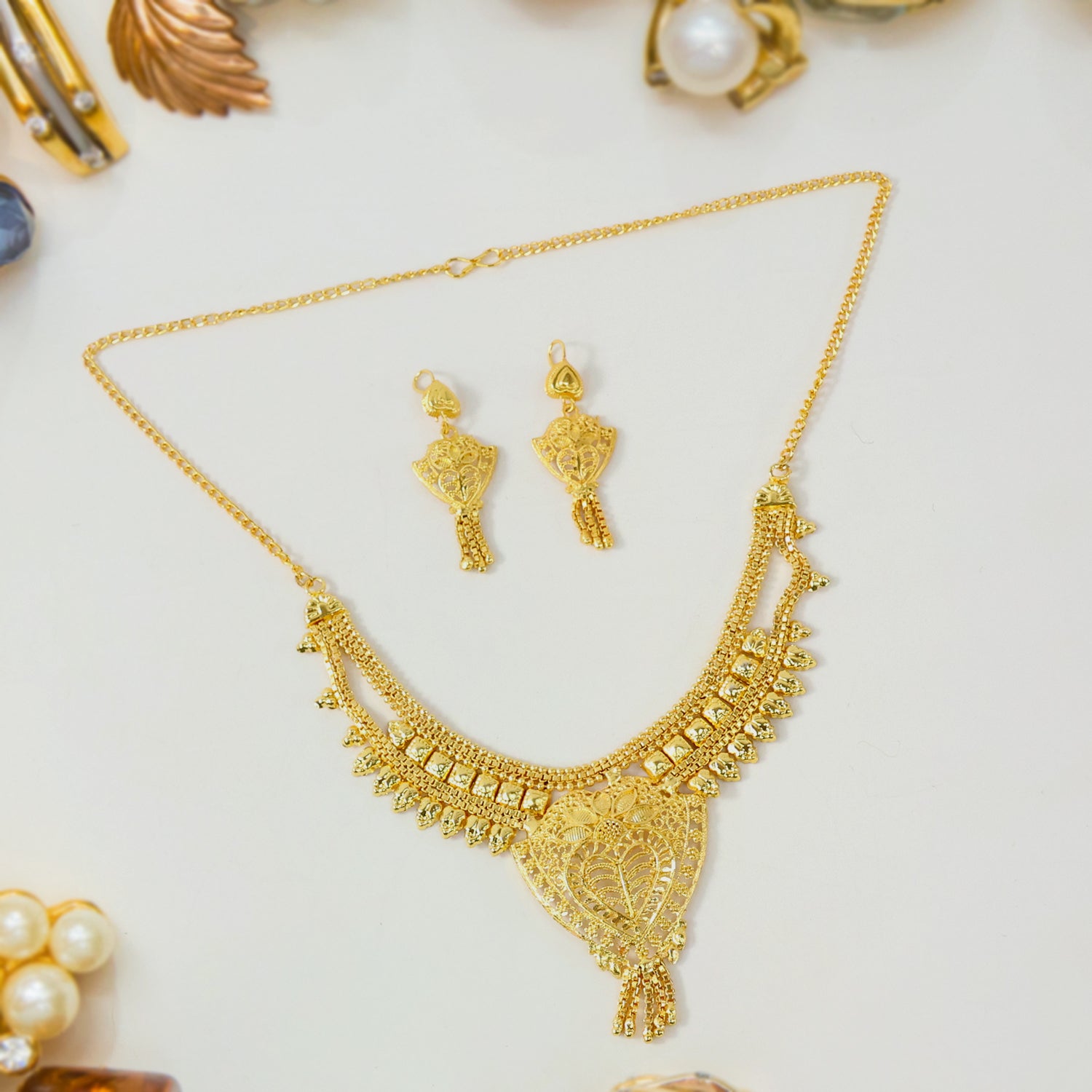 Brass Gold Necklace Set with Earrings – Traditional Lightweight Design - Image 3