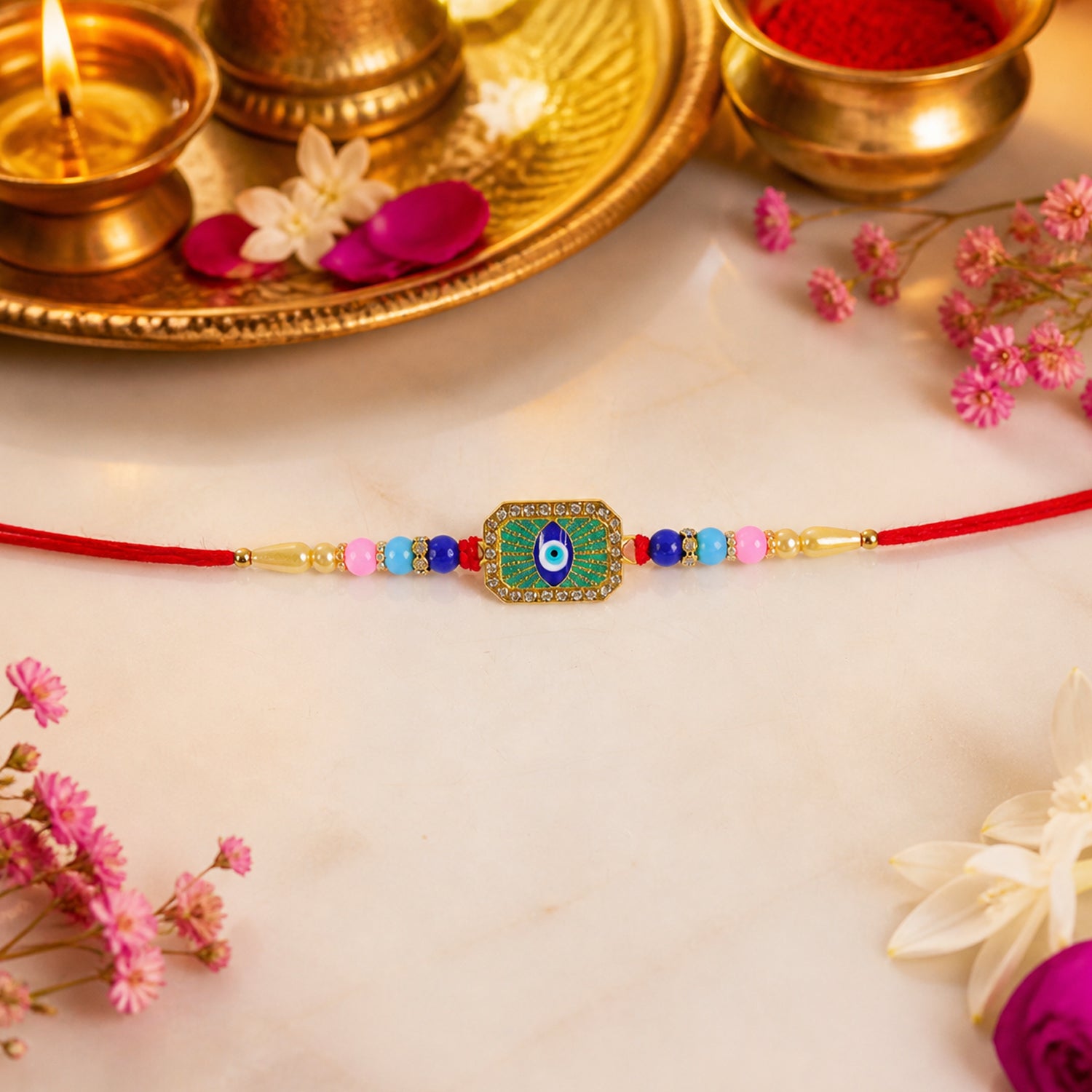 Stylish Evil Eye Mint Green Thread Rakhi for Brother this Rakshabandhan - Image 3