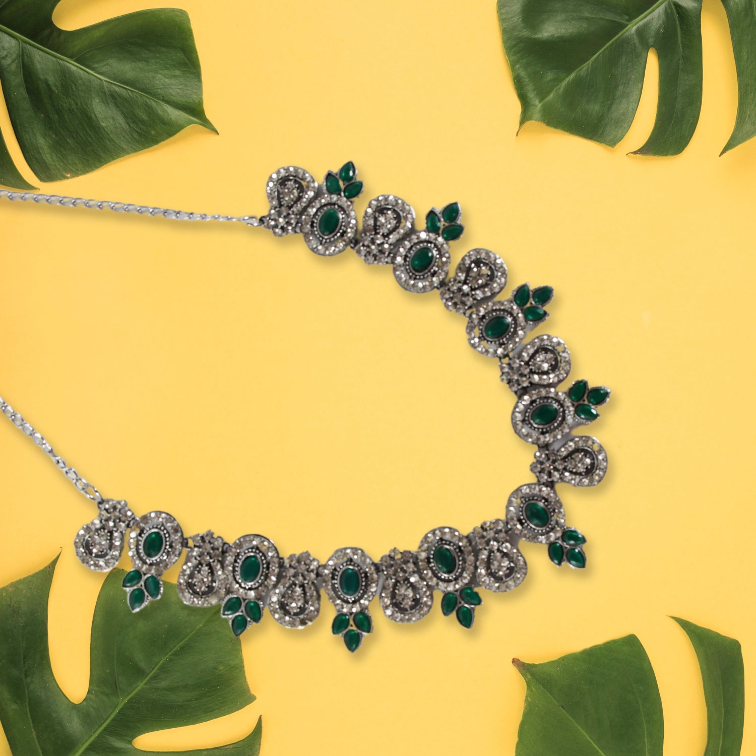 Green Necklace Set – Emerald Ethnic Jewellery for Women | BW - Image 2