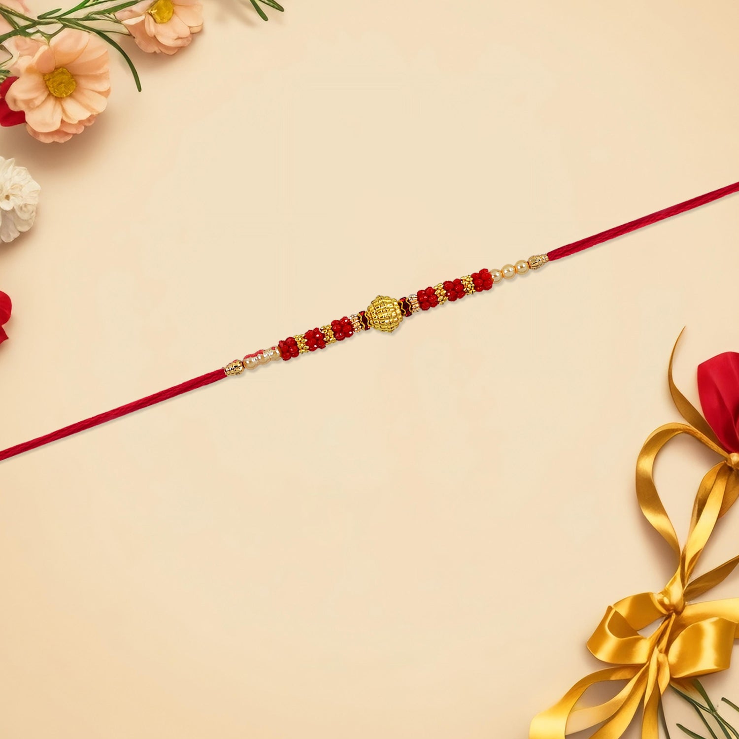 Red Bead Rakhi – Golden Centerpiece & Pearl Details - Image 2