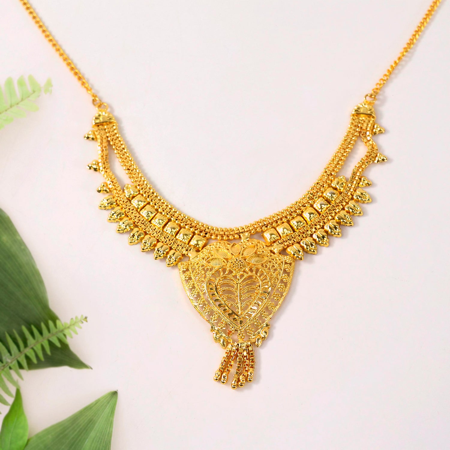 Brass Gold Necklace Set with Earrings – Traditional Lightweight Design - Image 4