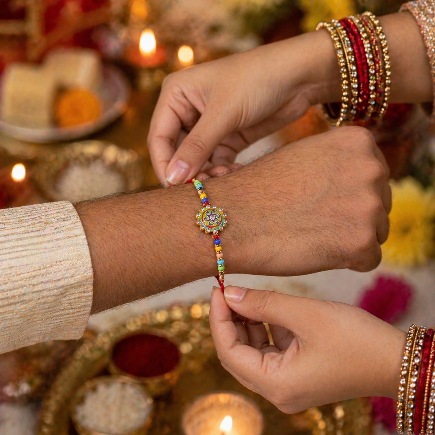 Premium Multicolor Beads Stone Centerpiece Rakhi for Brother on Rakshabandhan - Image 3