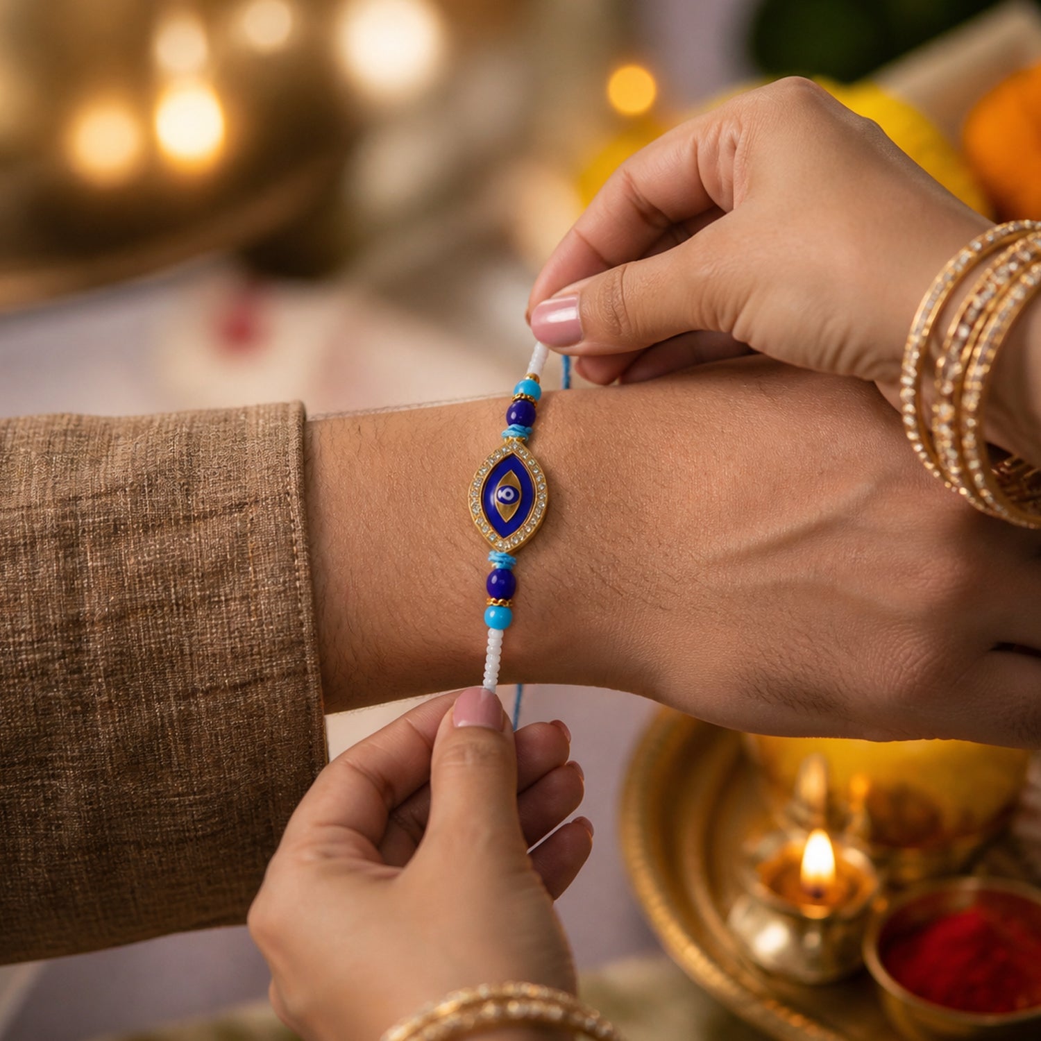 Evil Eye Blue Beads Rakhi for Rakshabandhan Celebration for Bhai - Image 4