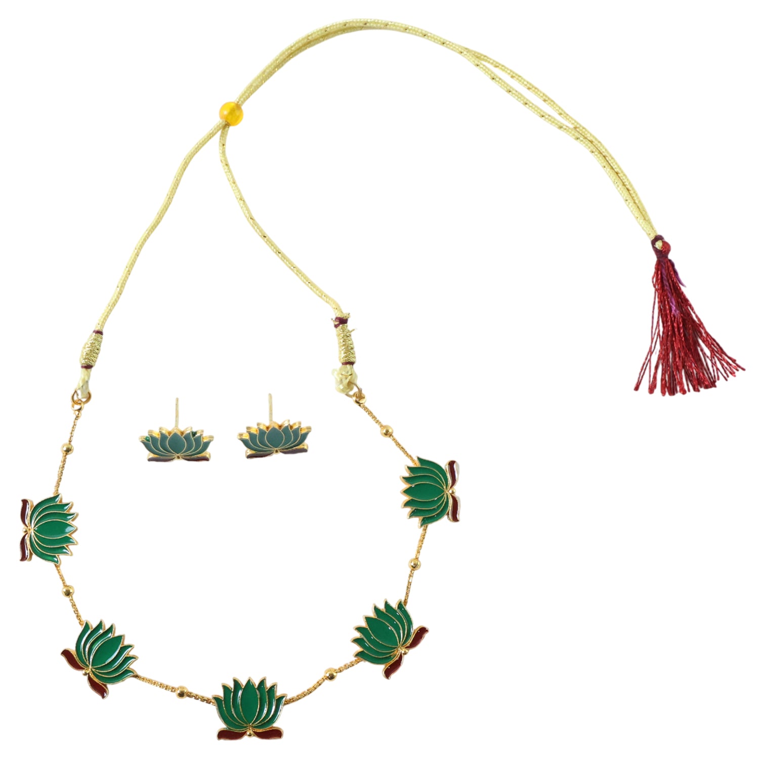 Green Lotus Necklace with Adjustable Thread & Stud Earrings Set - Image 4