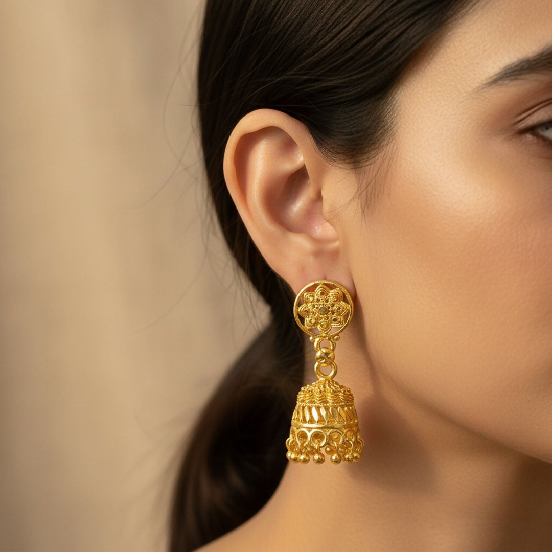 Gold Plated Floral Jhumka Earrings - Image 2