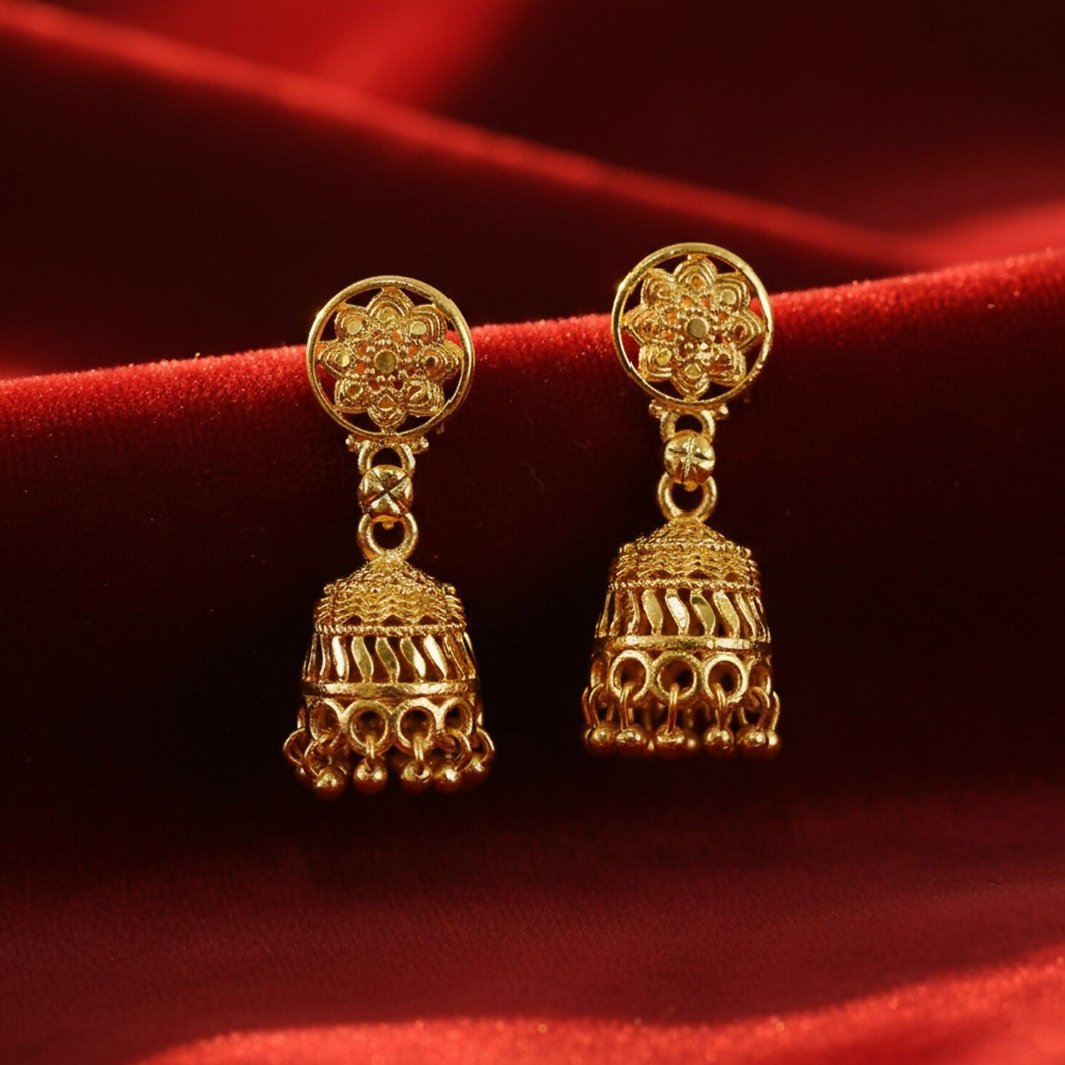 Gold Plated Floral Jhumka Earrings - Image 3