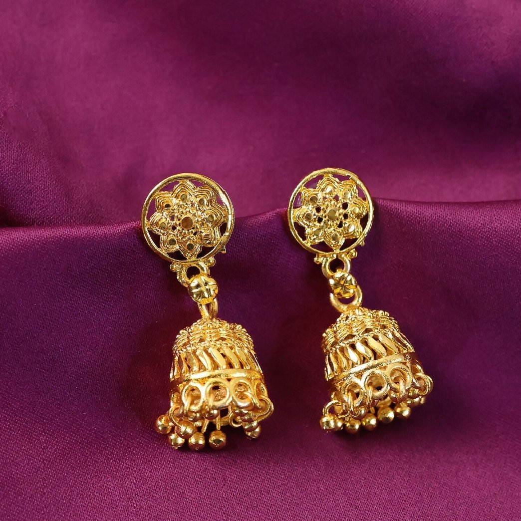Gold Plated Floral Jhumka Earrings - Image 4