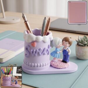 Cute Couple Pen Holder Stand - Resin Desk Organizer & Showpiece