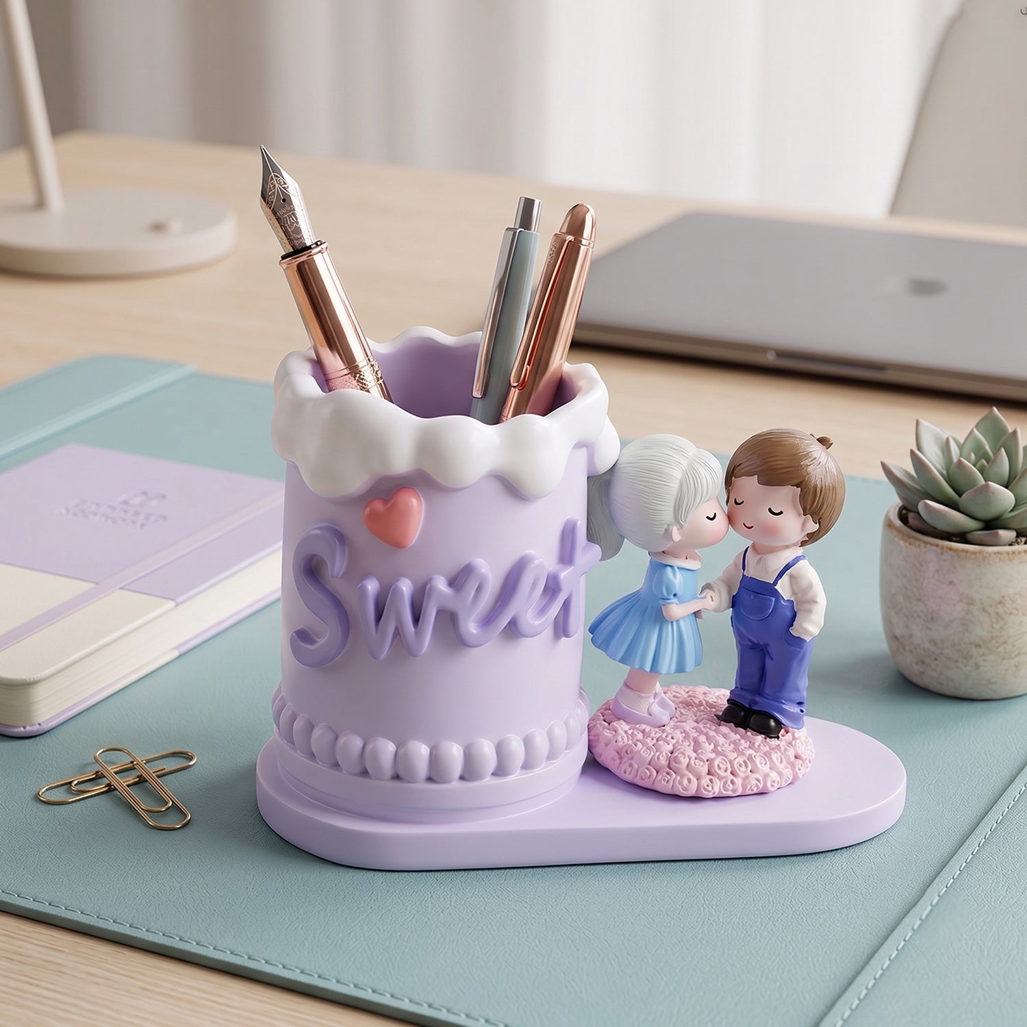 Cute Couple Pen Holder Stand - Resin Desk Organizer & Showpiece - Image 3