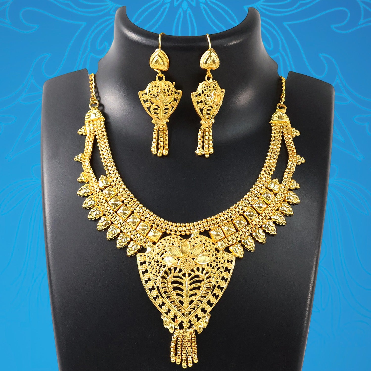 Brass Gold Necklace Set with Earrings – Traditional Lightweight Design