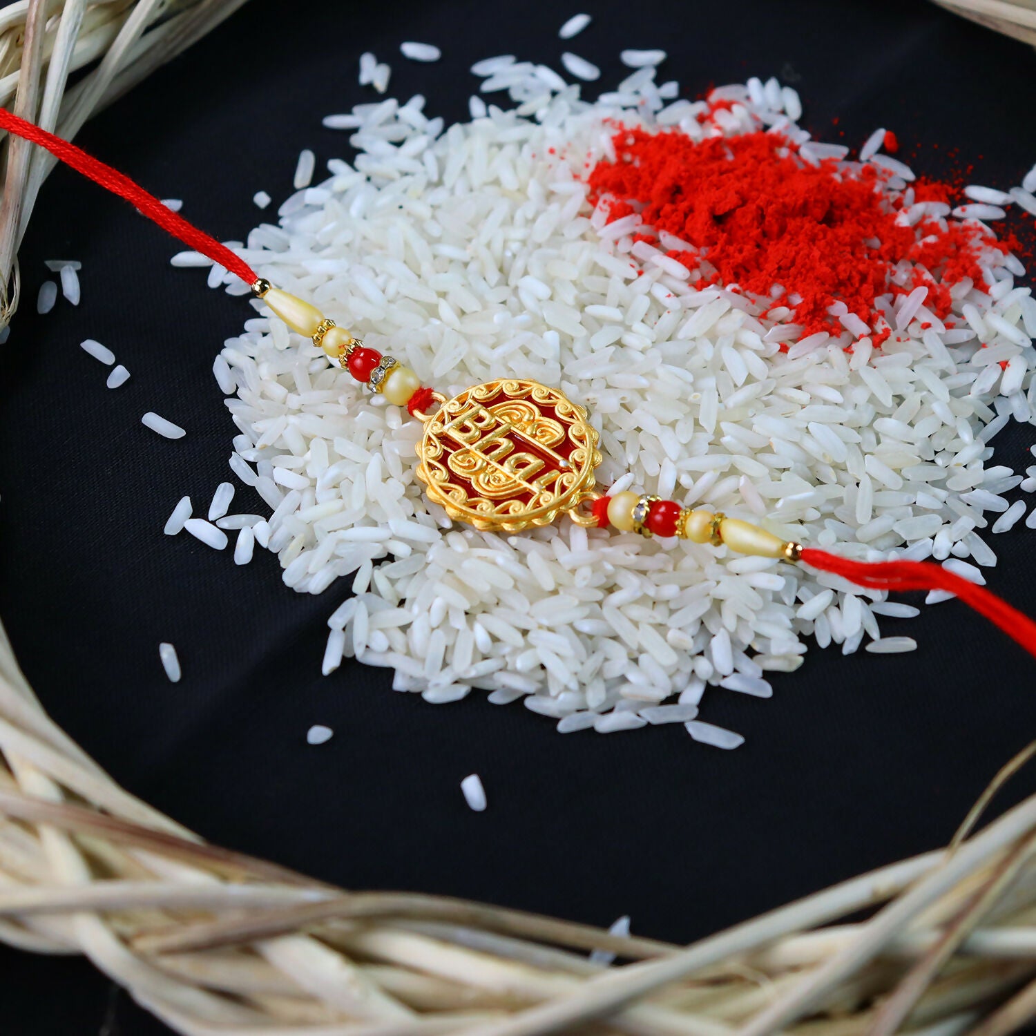 Golden Bhai Rakhi with Decorative Beads – Premium Rakhi for Brother - Image 4