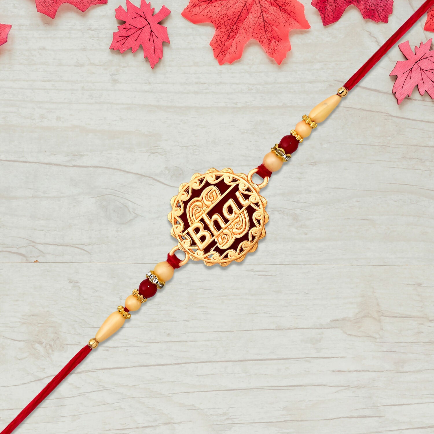 Golden Bhai Rakhi with Decorative Beads – Premium Rakhi for Brother - Image 2
