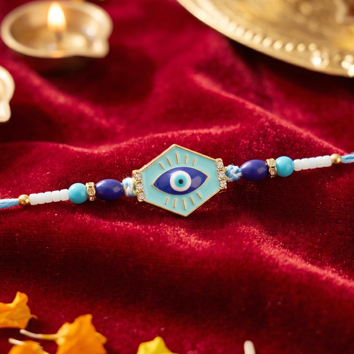 Turquoise Evil Eye Hexagon Rakhi for Rakshabandhan Celebration for Bhai - Image 4