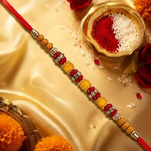 Multicolor Beaded Rakhi – Festive Stone Detail & Red Thread