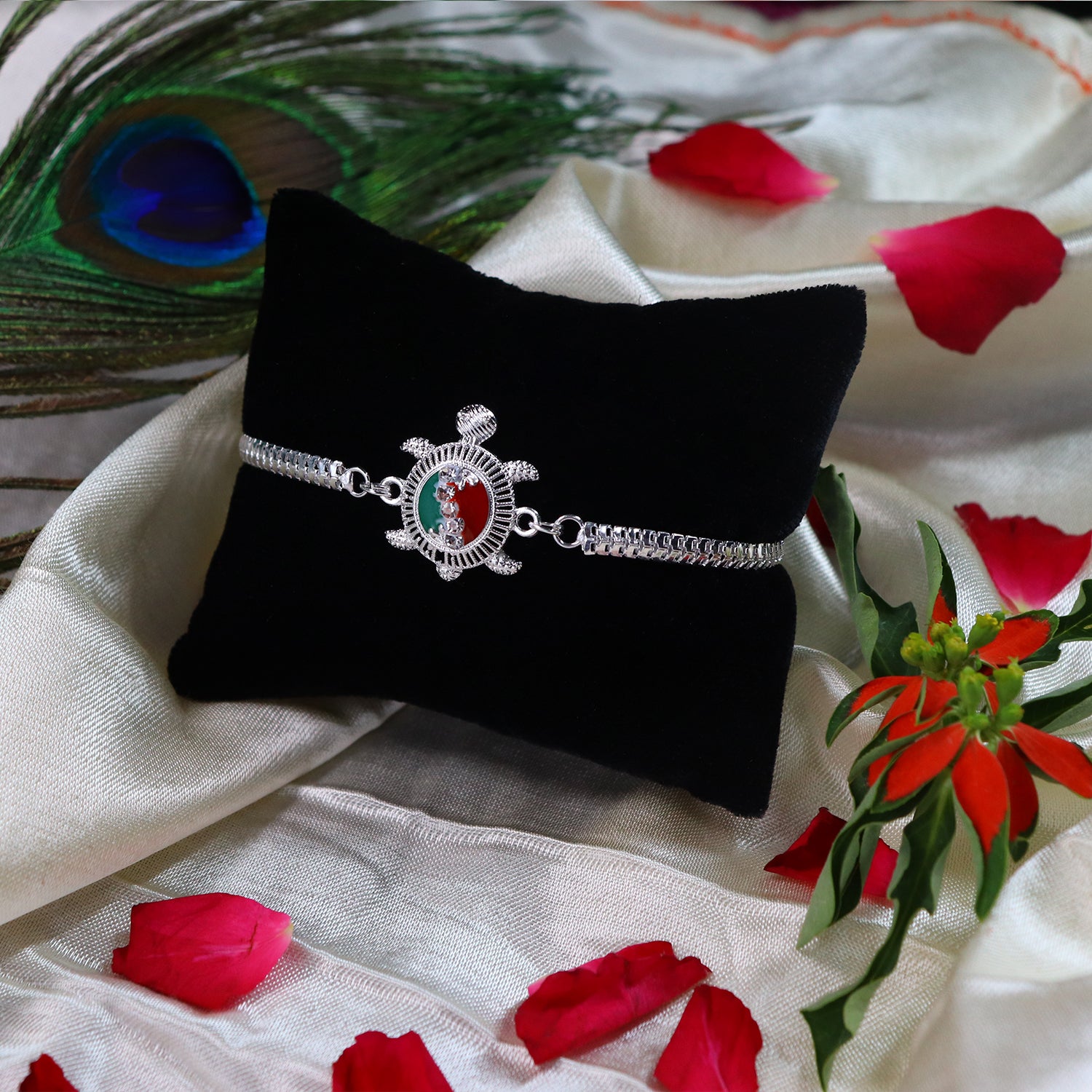 Turtle Rakhi – Red Green Enamel with Silver Metal Chain - Image 2