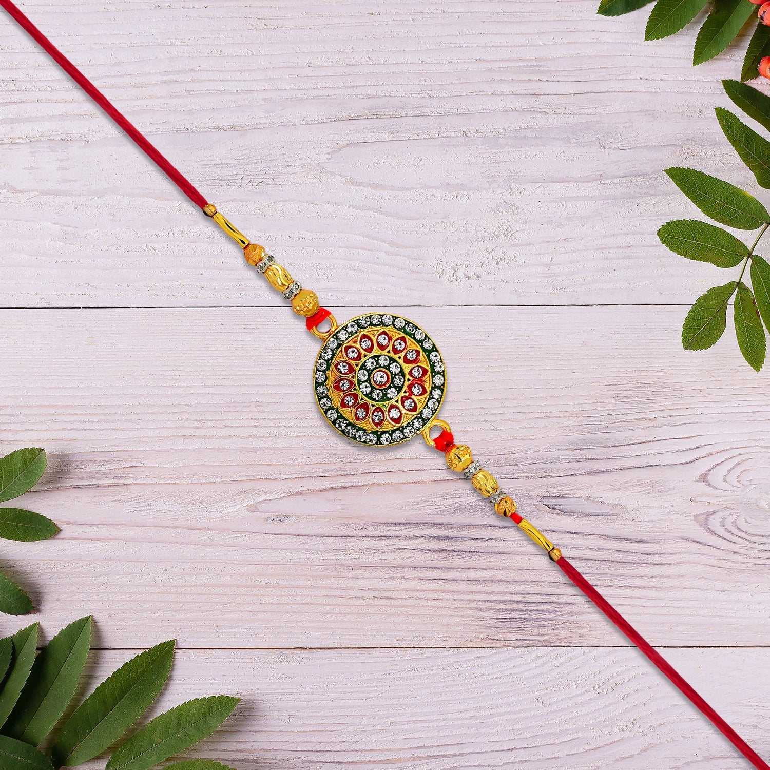 Royal Designer Rakhi – Kundan Centerpiece with Golden Beads - Image 5