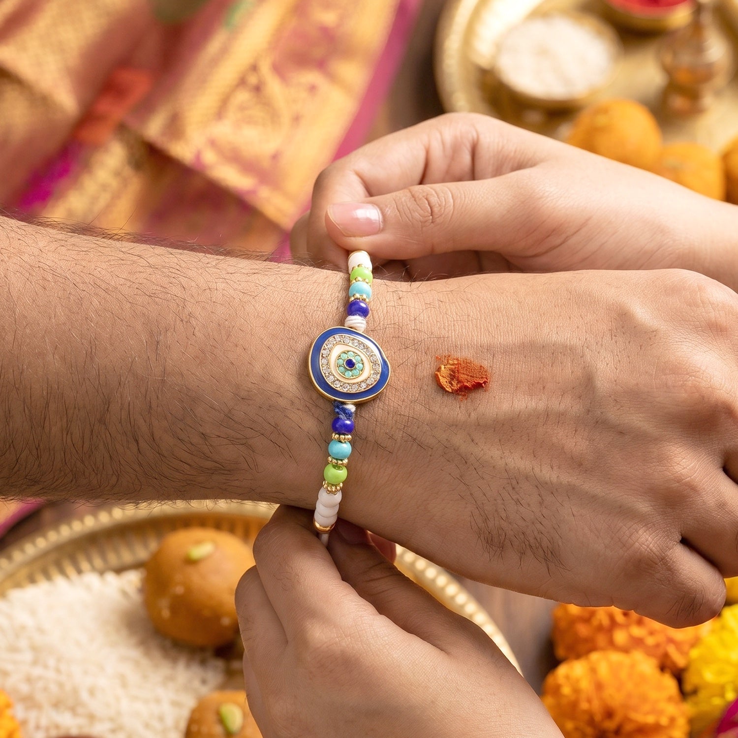 Evil Eye Round Kundan Diamond Rakhi – Traditional Raksha Bandhan Gift - Image 3