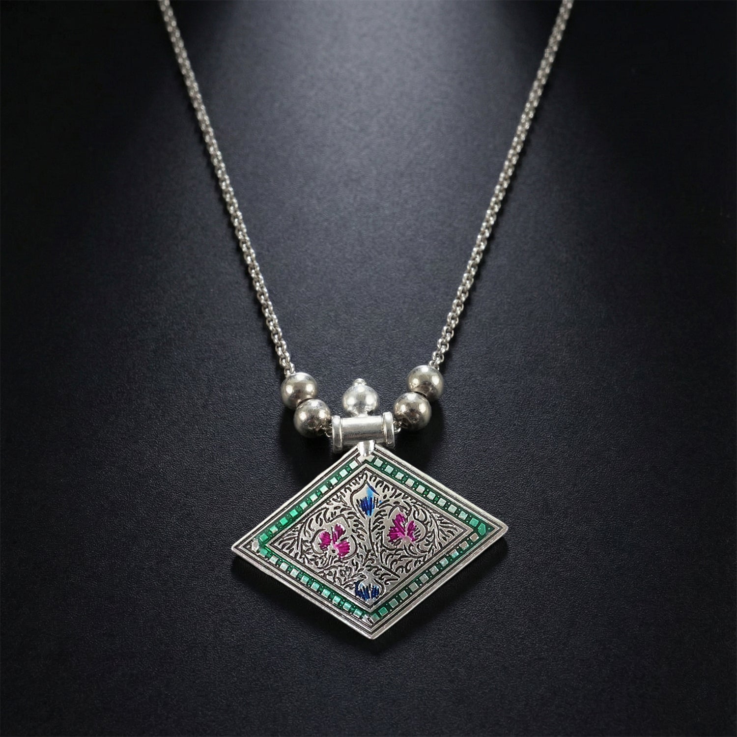 Traditional Square Motif Oxidised Silver Pendant Necklace – Elegant Ethnic Style - Image 3