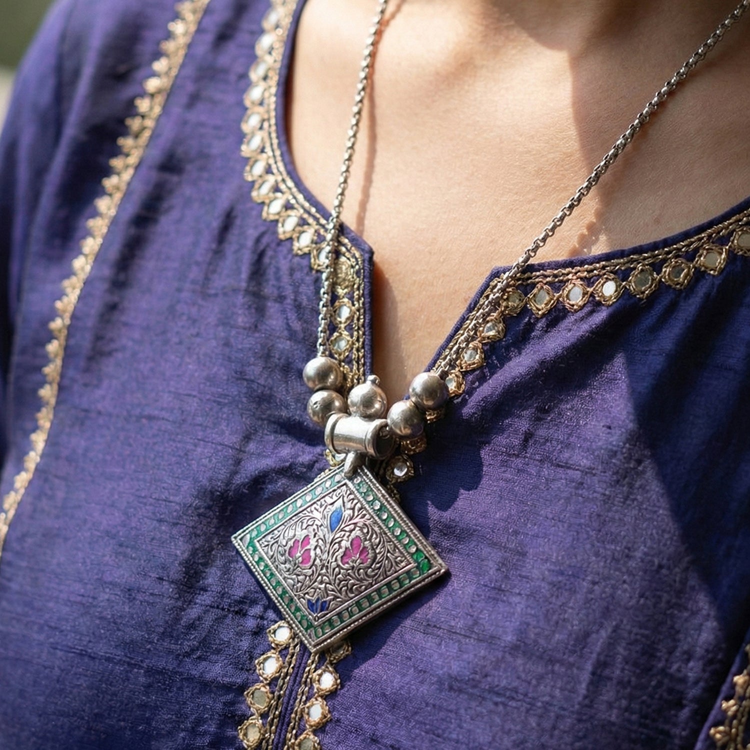 Traditional Square Motif Oxidised Silver Pendant Necklace – Elegant Ethnic Style - Image 2