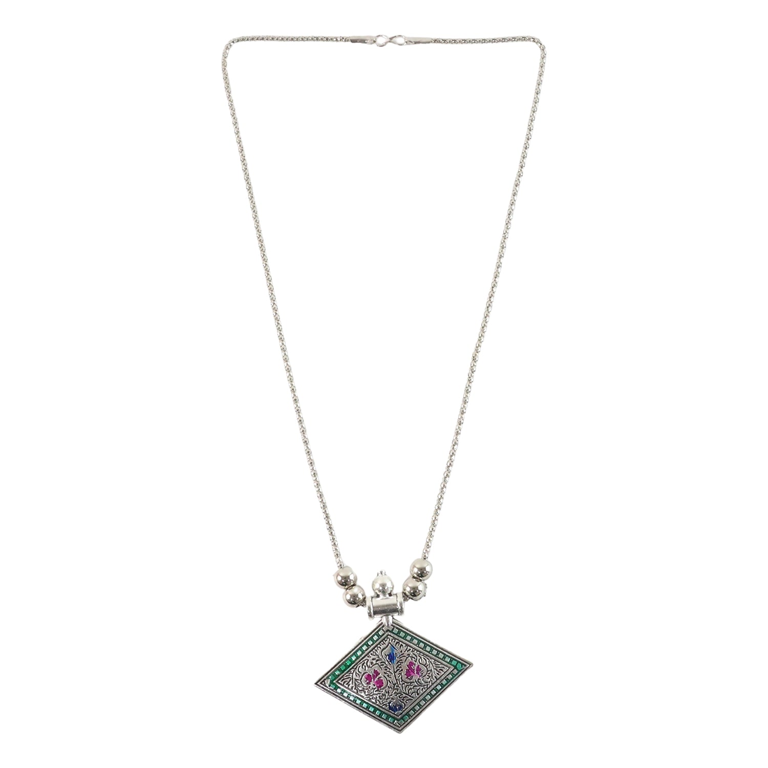Traditional Square Motif Oxidised Silver Pendant Necklace – Elegant Ethnic Style - Image 4