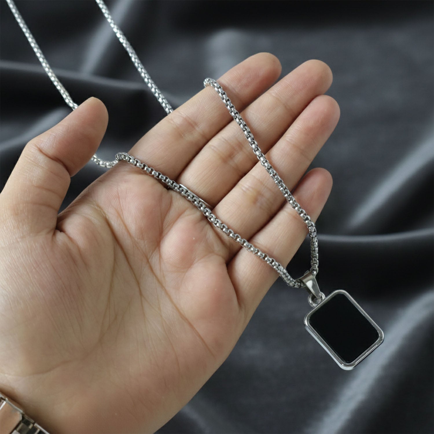 Men's Stainless-Steel Pendant Chain – Sleek Black Rectangle - Image 4