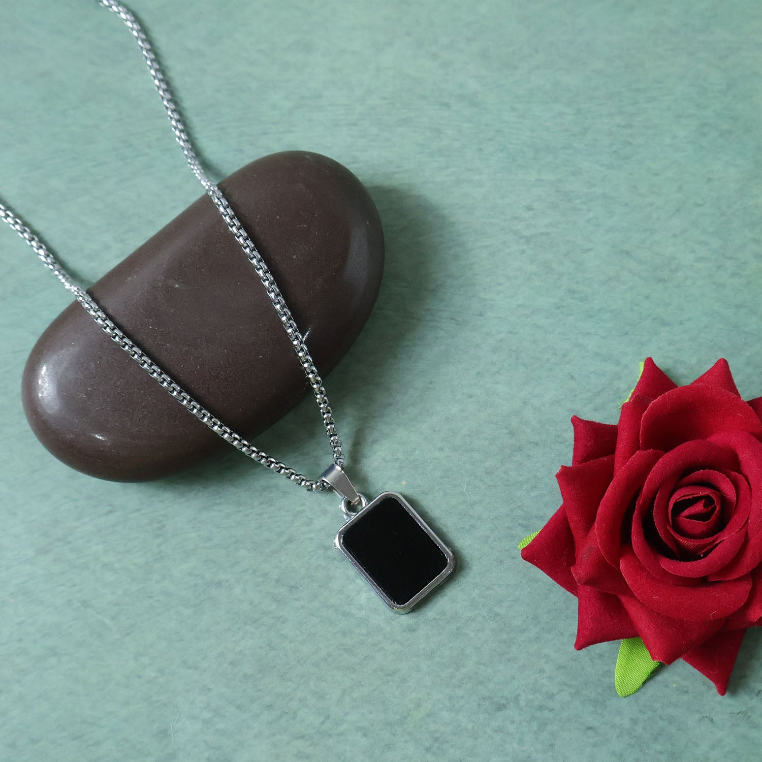 Men's Stainless-Steel Pendant Chain – Sleek Black Rectangle - Image 2