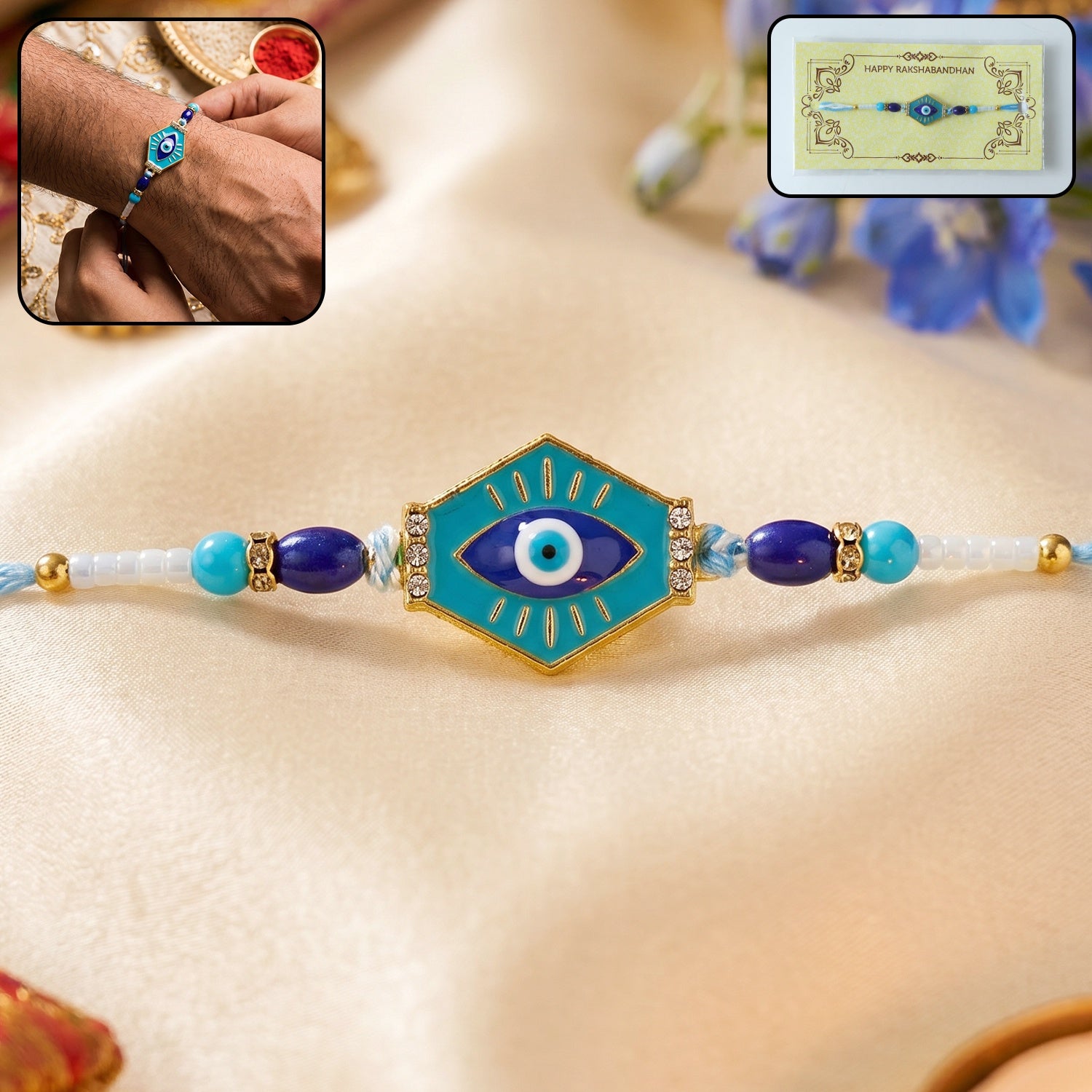 Turquoise Evil Eye Hexagon Rakhi for Rakshabandhan Celebration for Bhai