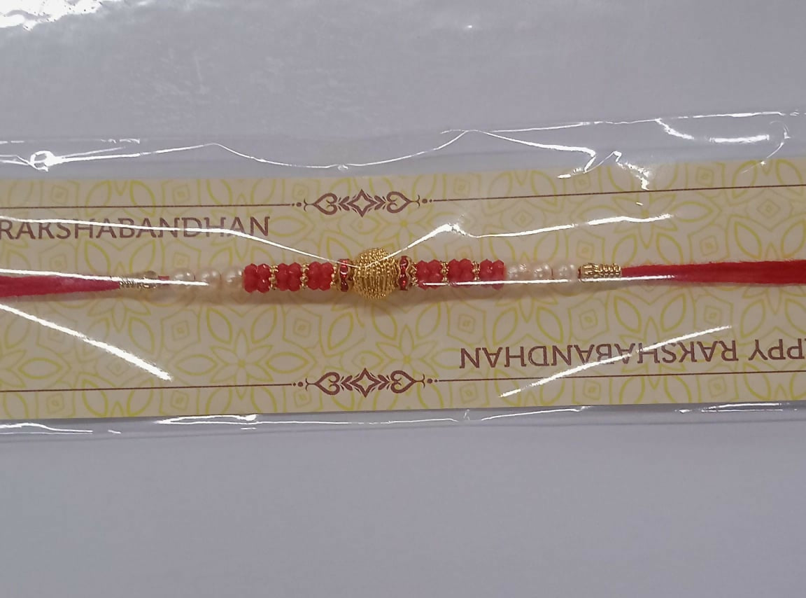 Red Bead Rakhi – Golden Centerpiece & Pearl Details - Image 5