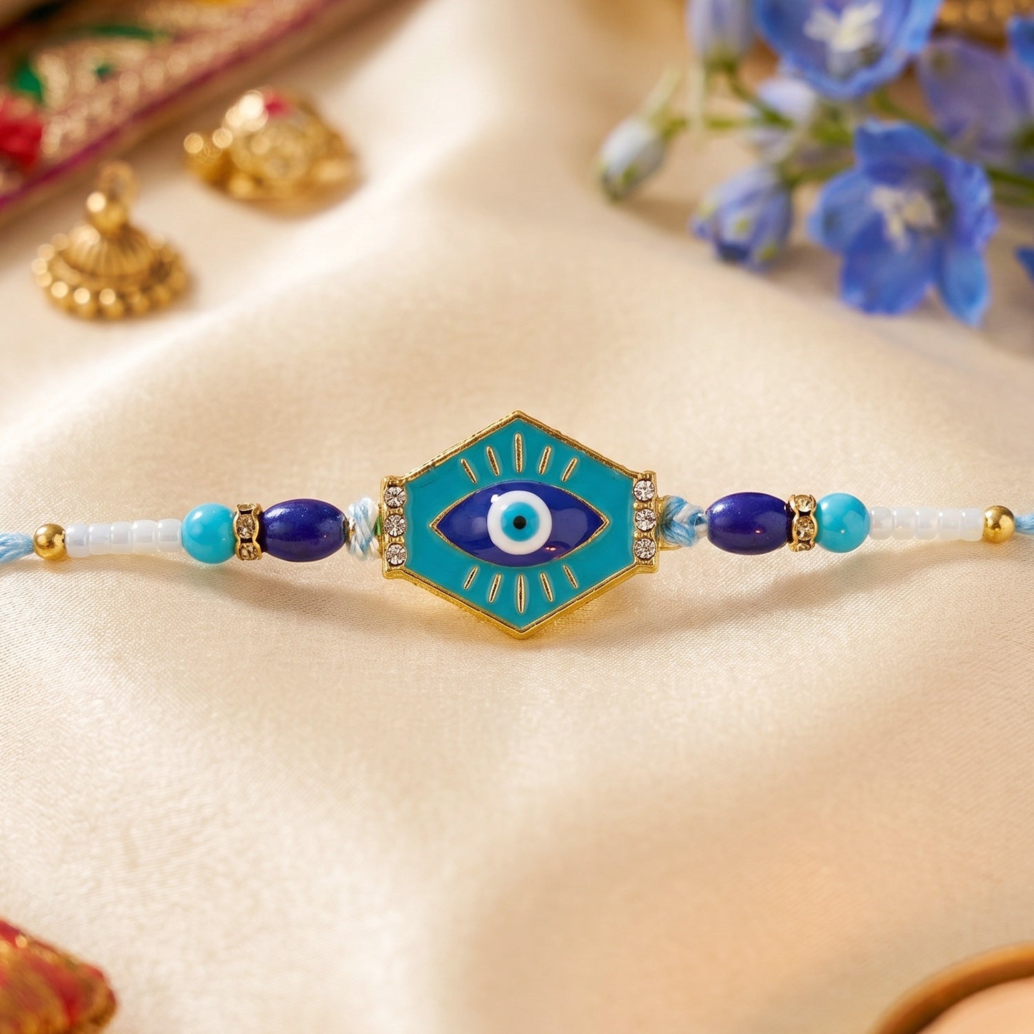 Turquoise Evil Eye Hexagon Rakhi for Rakshabandhan Celebration for Bhai - Image 2