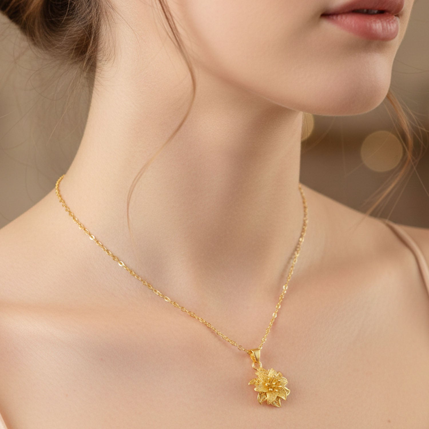 Gold Finish Floral Pendant Necklace – Elegant Traditional Design - Image 2