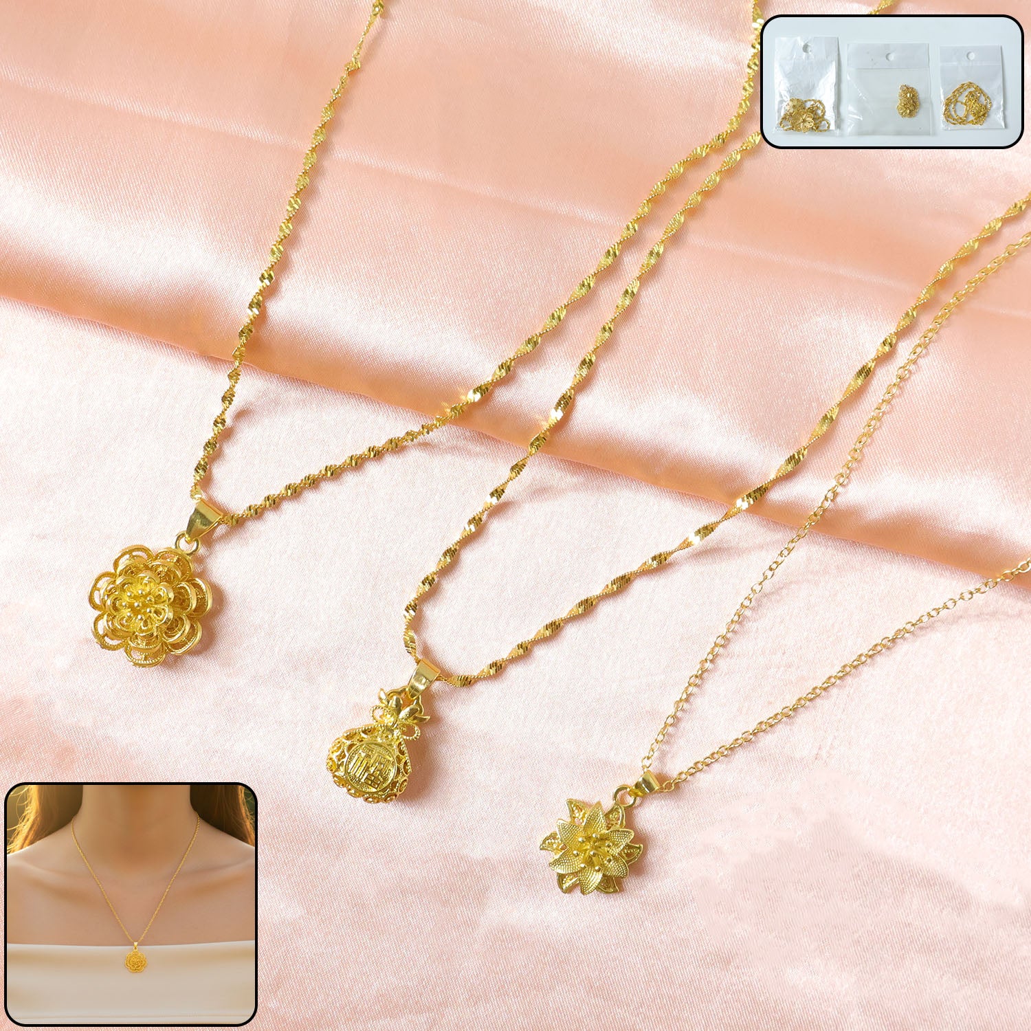 Gold Finish Floral Pendant Necklace – Elegant Traditional Design - Image 4