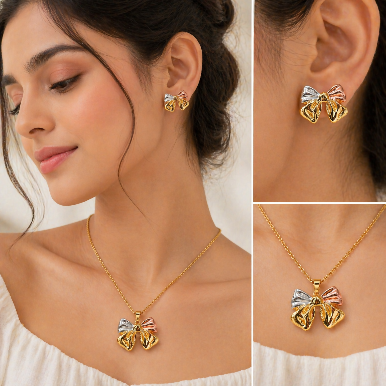 Women Anti Tarnish Gold Plated Bow Necklace Set – Elegant & Waterproof for All Occasions - Image 4