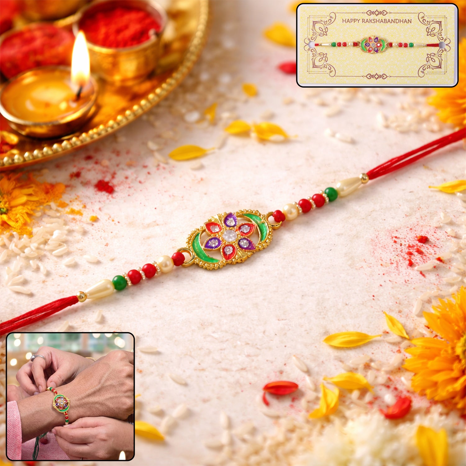 Premium Multicolor Stone Studded Rakhi for Bhai – Happy Rakshabandhan - Image 2