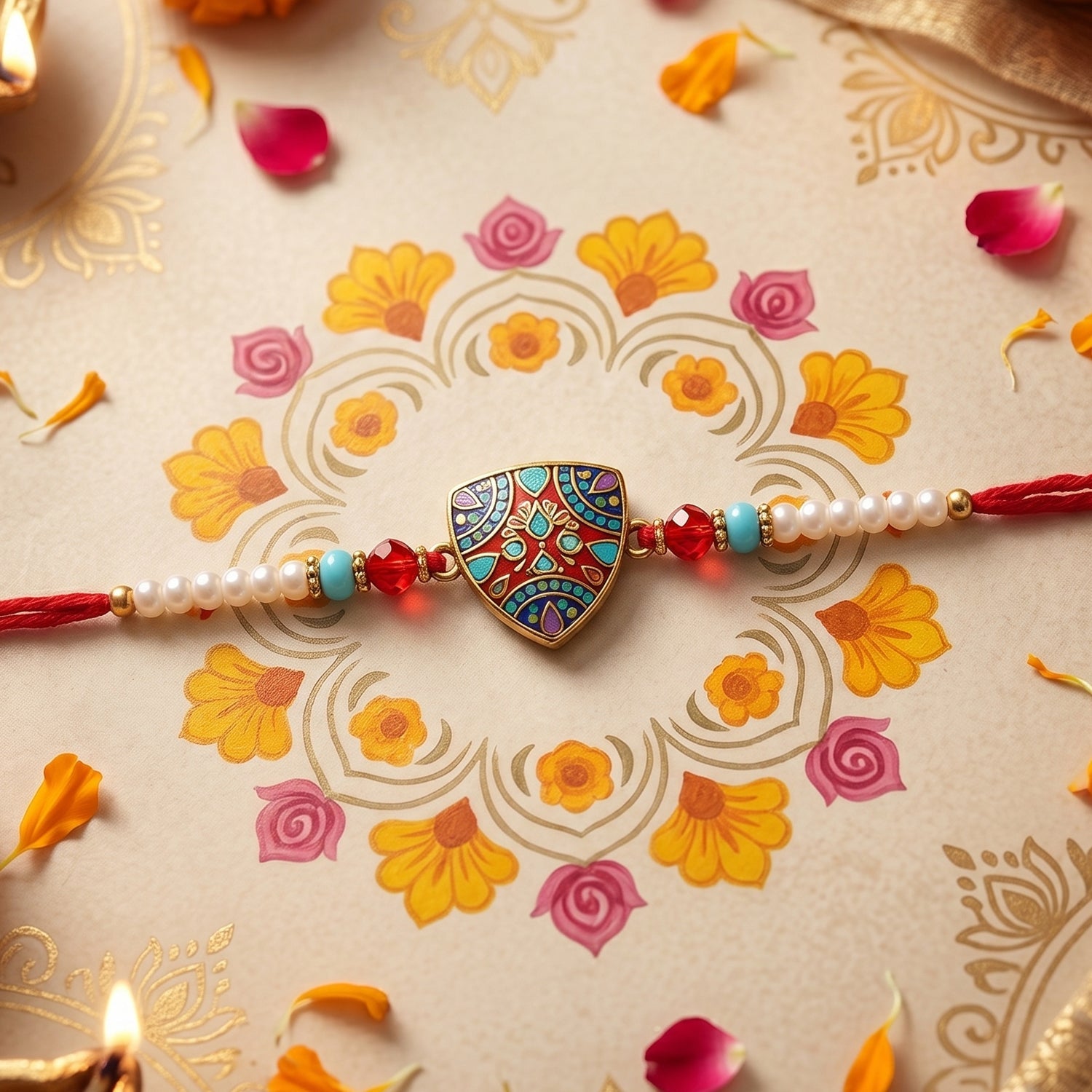 Triangle Shape Pearl Beads Rakhi for Brother – Rakshabandhan Special - Image 4