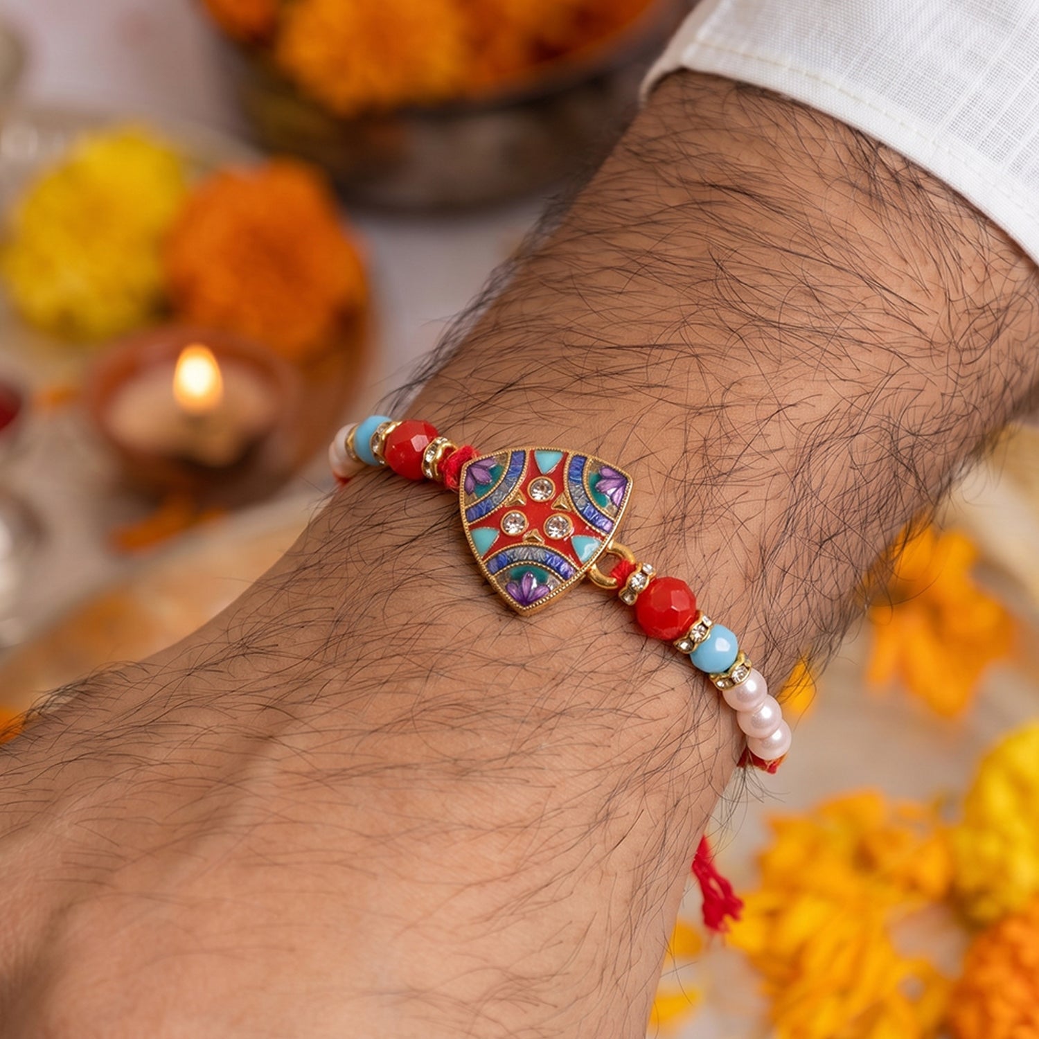 Triangle Shape Pearl Beads Rakhi for Brother – Rakshabandhan Special - Image 2