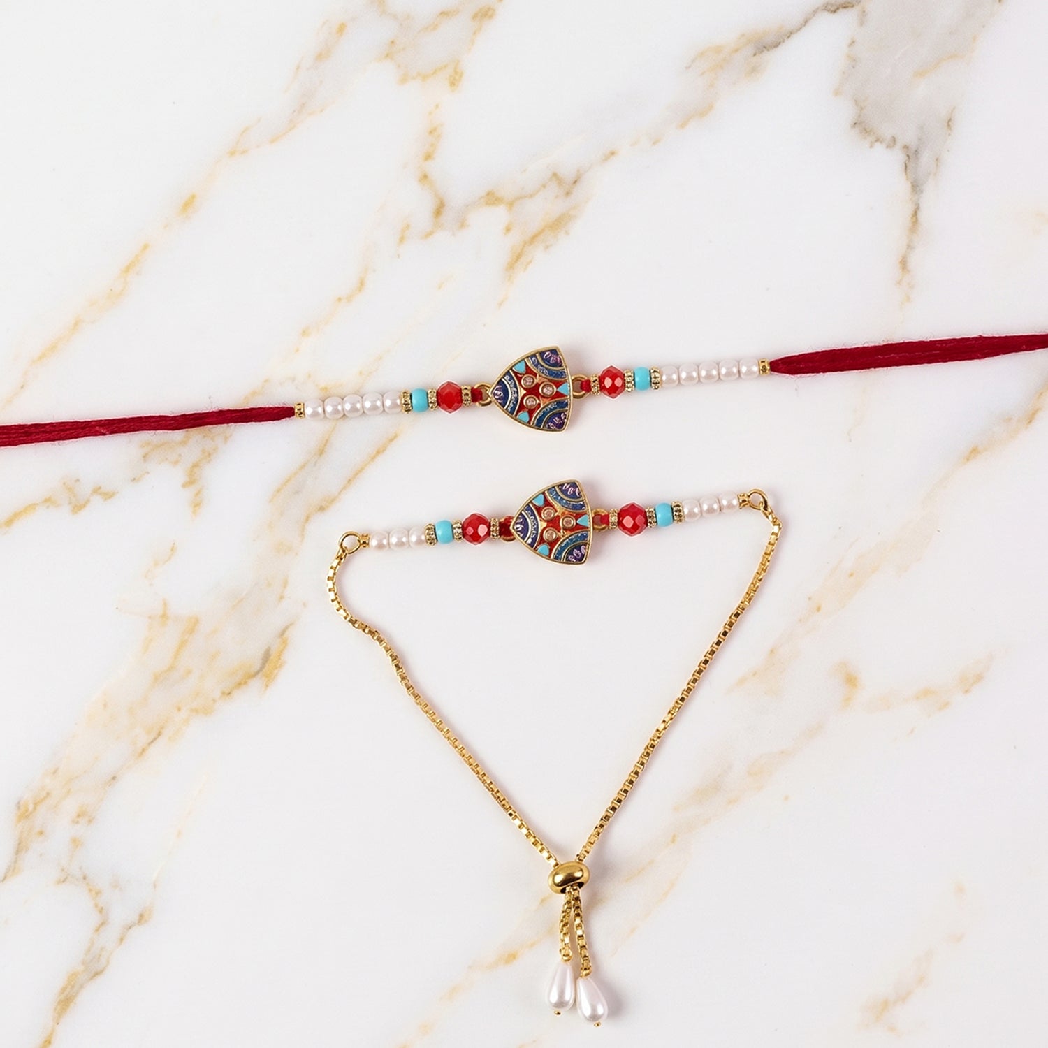 Triangle Shape Pearl Beads Rakhi for Brother – Rakshabandhan Special - Image 7