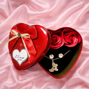 Heart Gift Box with Artificial Roses & Butterfly Necklace