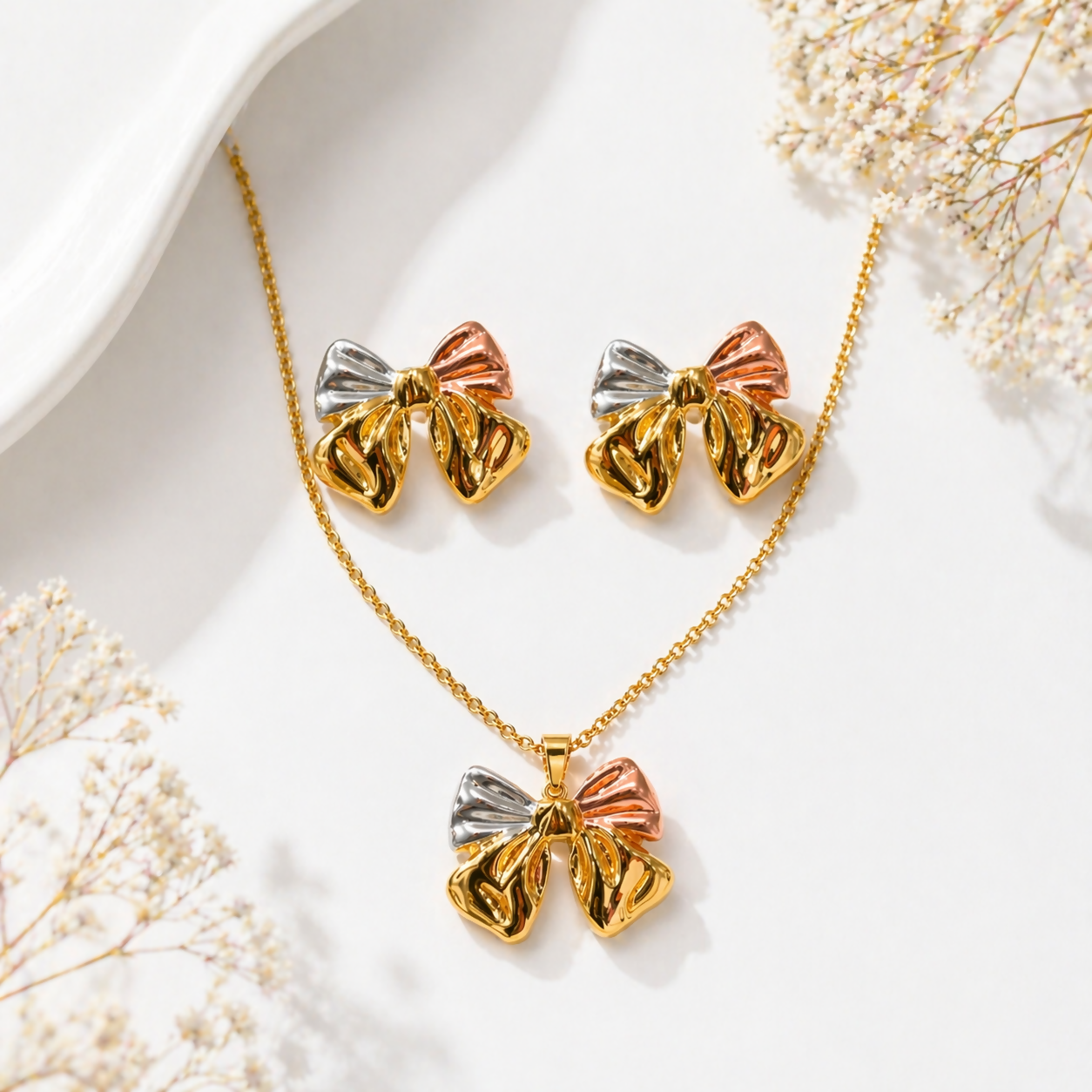 Women Anti Tarnish Gold Plated Bow Necklace Set – Elegant & Waterproof for All Occasions - Image 3