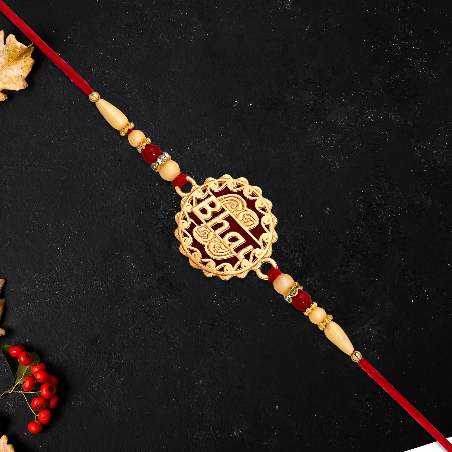 Golden Bhai Rakhi with Decorative Beads – Premium Rakhi for Brother - Image 3