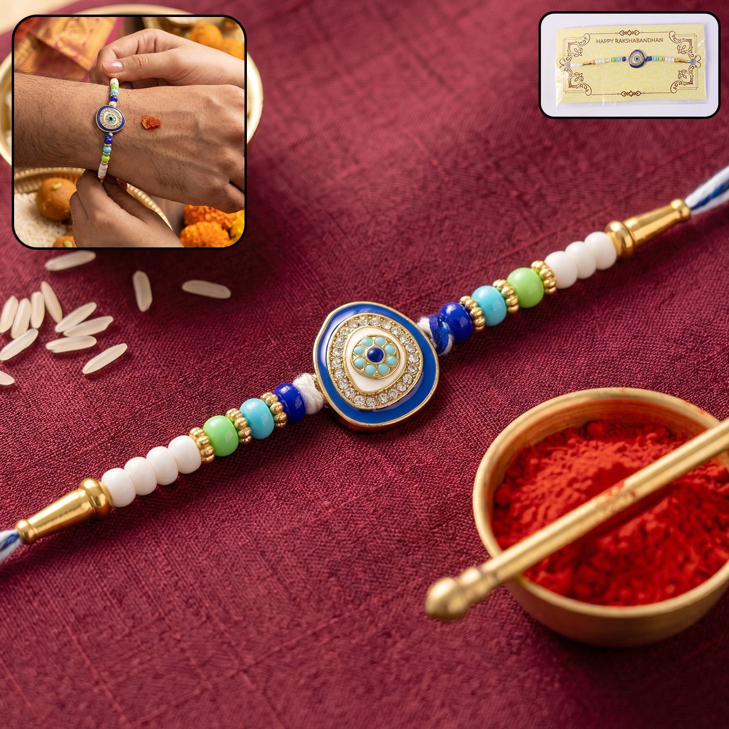 Evil Eye Round Kundan Diamond Rakhi – Traditional Raksha Bandhan Gift